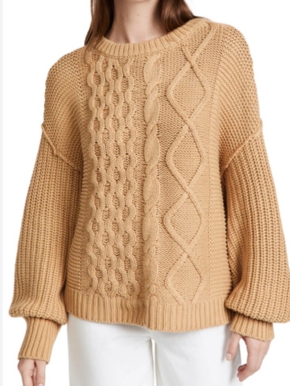 Free People Dream Cable Knit Camel Tan Beige Oversized Knit Sweater Size XL - Picture 7 of 7